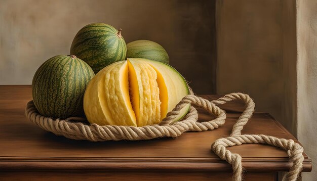 a basket of melons with a rope and a rope on it