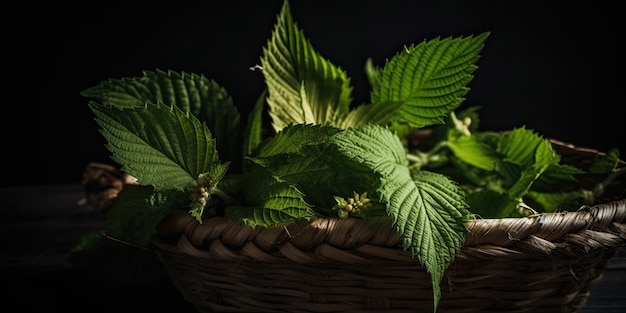 A basket of mint leaves sits on a table.