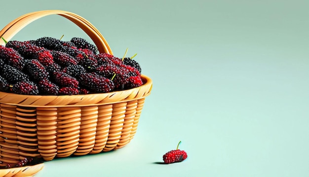 A basket of mulberry is shown with a small red leaf on the bottom.