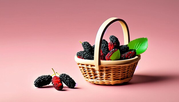 A basket of mulberry sits on a pink background.