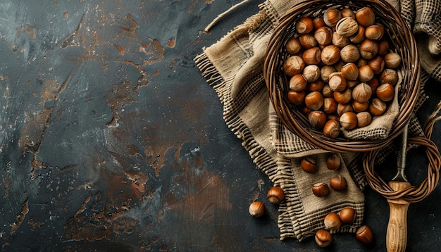 a basket of nuts with dark background and copy space