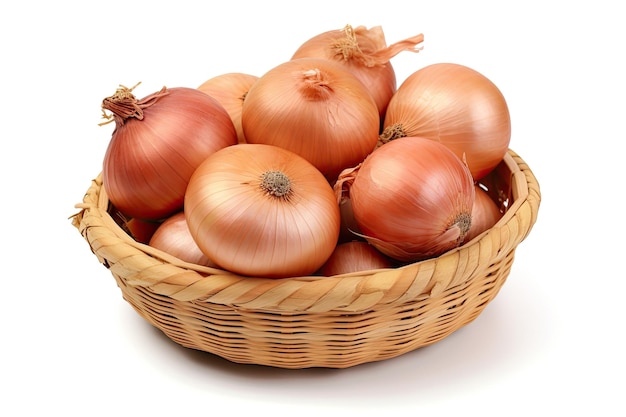 basket of onions on isolated white background