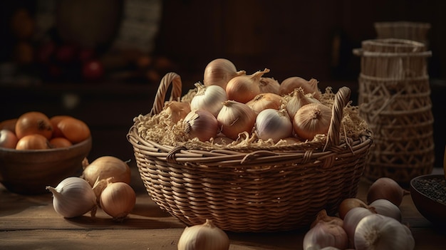 A basket of onions on a table