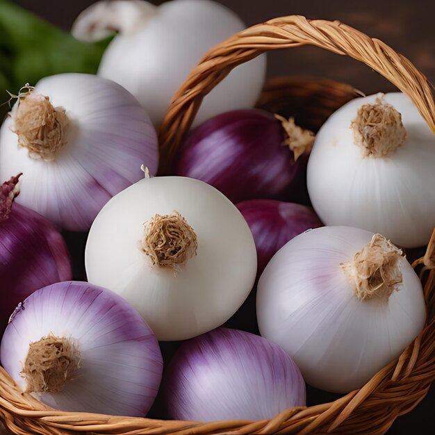 a basket of onions with a brown band on the bottom