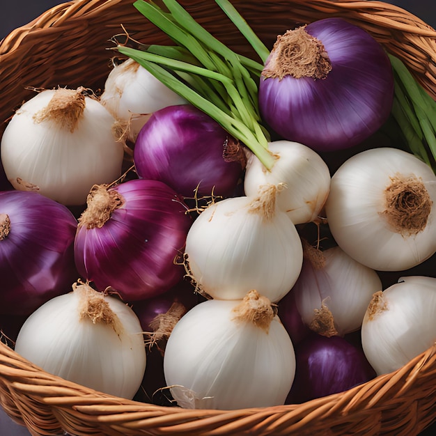 a basket of onions with a brown basket that saysgarlic