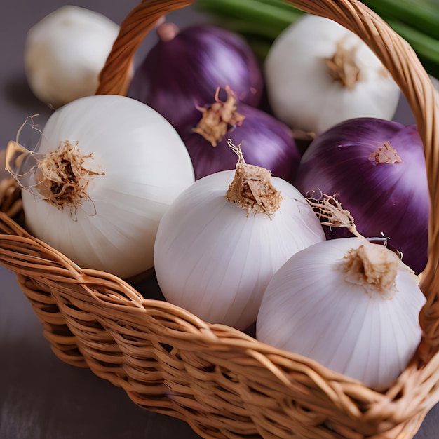 Photo a basket of onions with a green band on the side