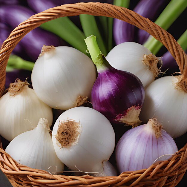 a basket of onions with a green stem and a brown basket that saysgarlic