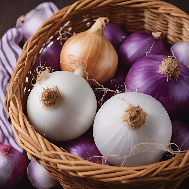 a basket of onions with onions in it and a basket that says  garlic