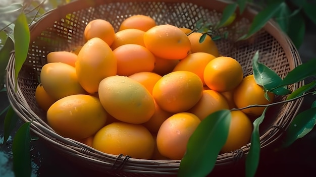 A basket of oranges is shown on a table.