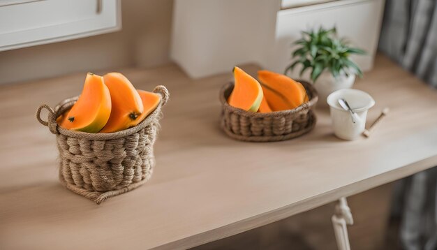 a basket of oranges and papaya on a table