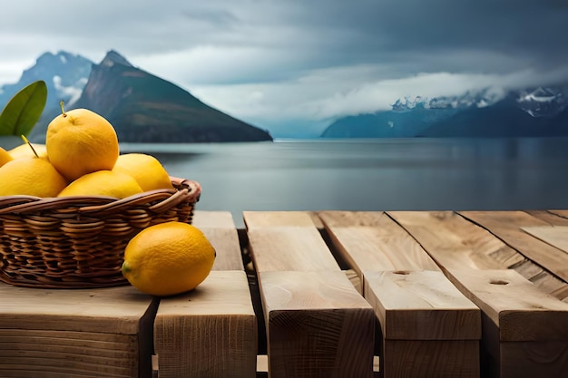 A basket of oranges sits on a wooden table with a mountain in the background