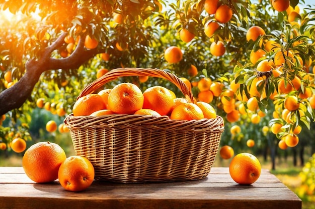 a basket of oranges sits on a wooden table with a tree in the background