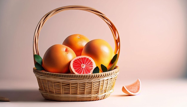 A basket of oranges with a cut piece of grapefruit on it