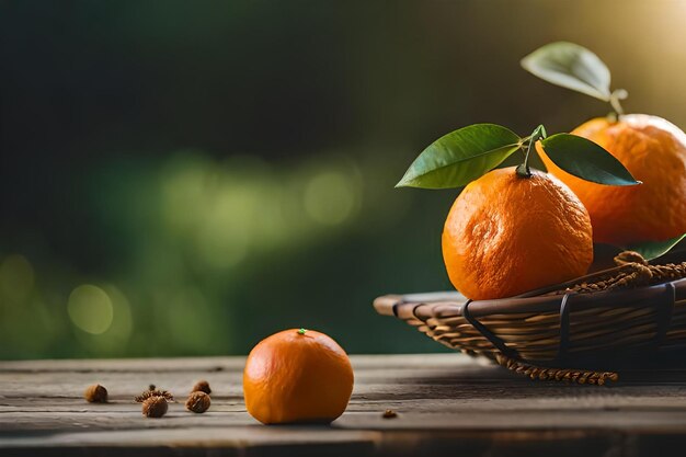A basket of oranges with a green background