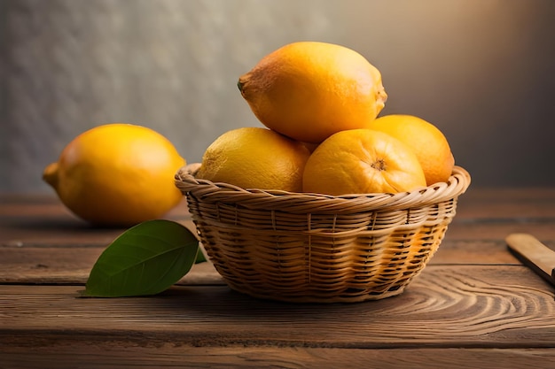 a basket of oranges with a green leaf and a branch on the background