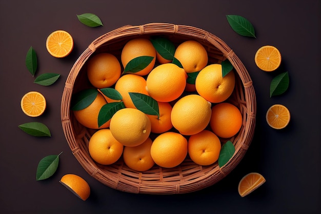 A basket of oranges with green leaves on a brown table.