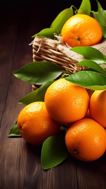 a basket of oranges with green leaves and oranges