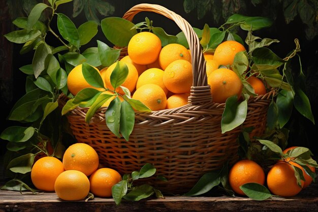 A basket of oranges with leaves and a basket of oranges.