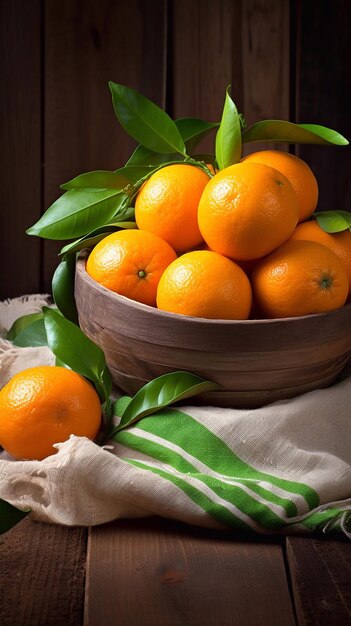 a basket of oranges with leaves and a cloth with a green leaf