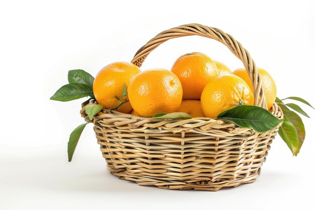 Basket of oranges with leaves one on surface white background