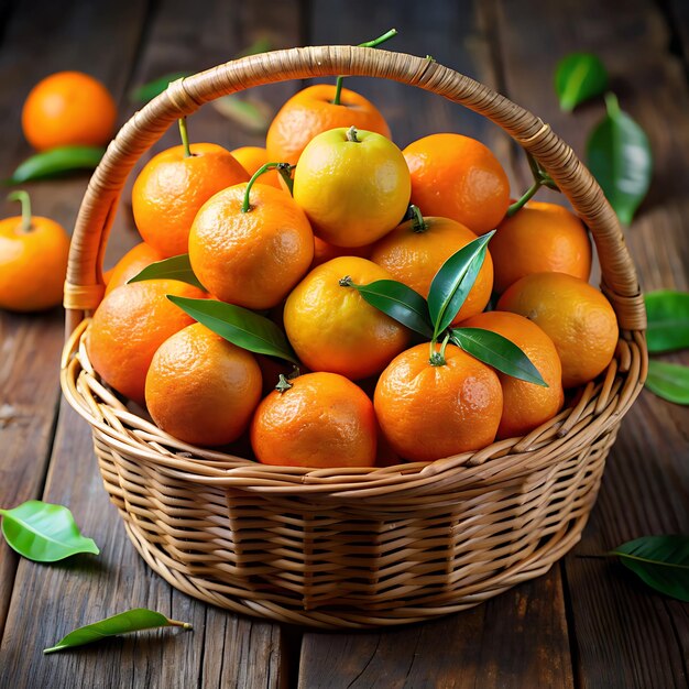 Photo a basket of oranges with leaves