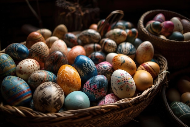 Basket overflowing with brightly colored Easter eggs Generative AI