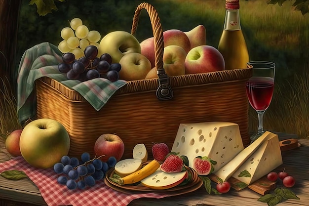 Basket overflowing with fresh fruits cheeses and other picnic essentials created with generative ai