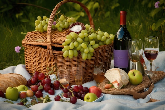 Basket overflowing with fruits cheeses and wines for a decadent picnic