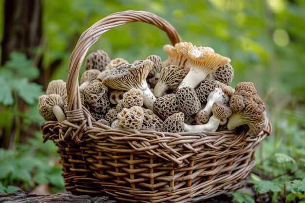 Foto un cesto traboccante di numerosi piccoli funghi che creano un'esposizione affascinante morel funghi raccolti in un cesto rustico ai generato