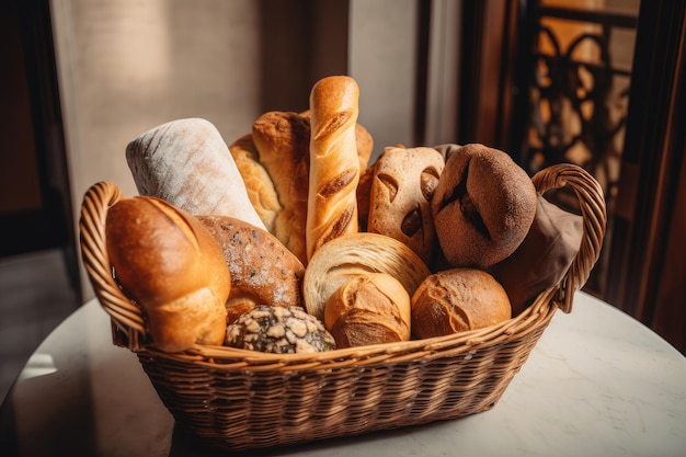 Basket overflowing with rustic artisan breads and rolls created with generative ai