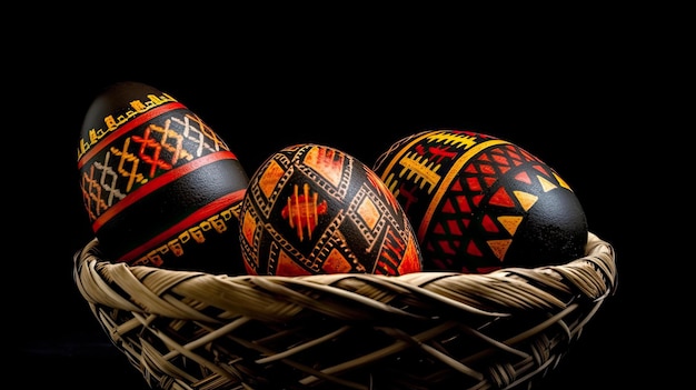 A basket of painted easter eggs with a black background.