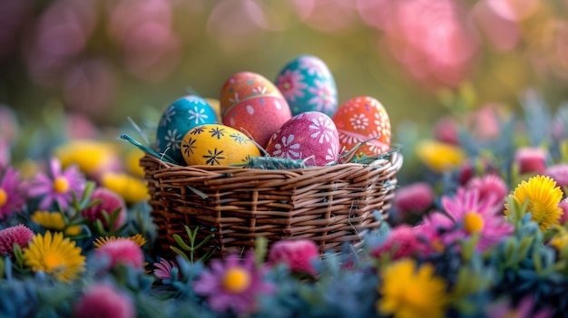 Basket of Painted Eggs in Field of Flowers