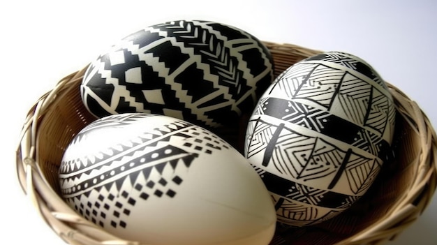 A basket of painted eggs with a geometric pattern on the front.