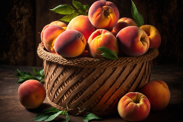 A basket of peaches is overflowing with fruit