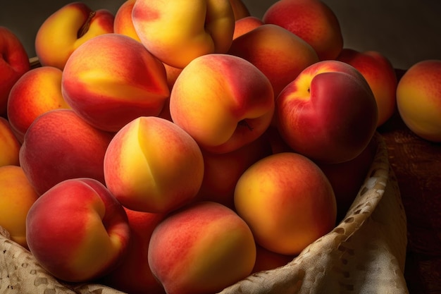 A basket of peaches is shown on a table.