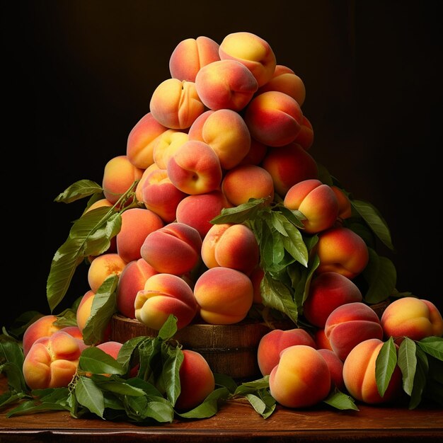 a basket of peaches is on a table with leaves