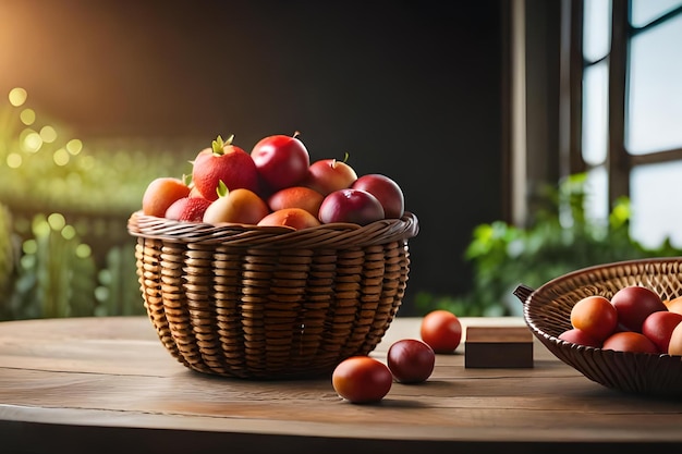 A basket of peaches sits on a table next to a bowl of tomatoes