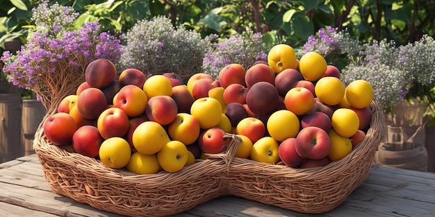 A basket of peaches sits on a table in a garden.