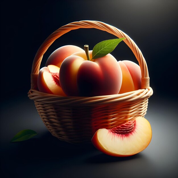 Basket of peaches with halved slice on black surface and dark background