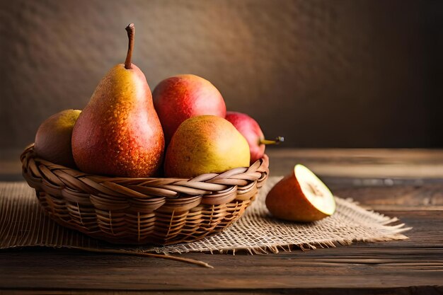 A basket of pears and apples on a table