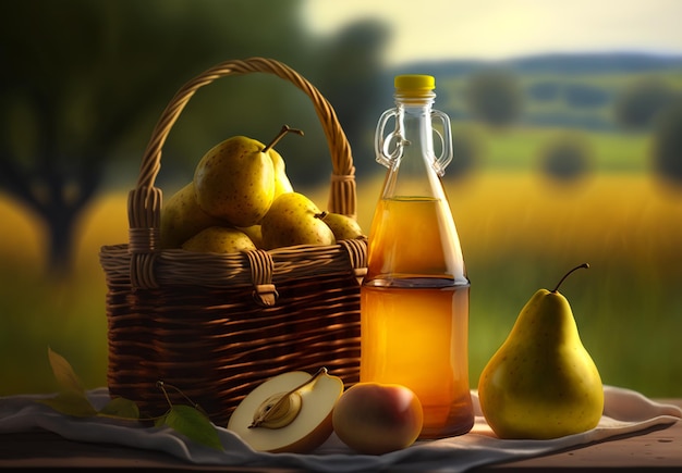 Un cesto di pere e una bottiglia di succo di pera