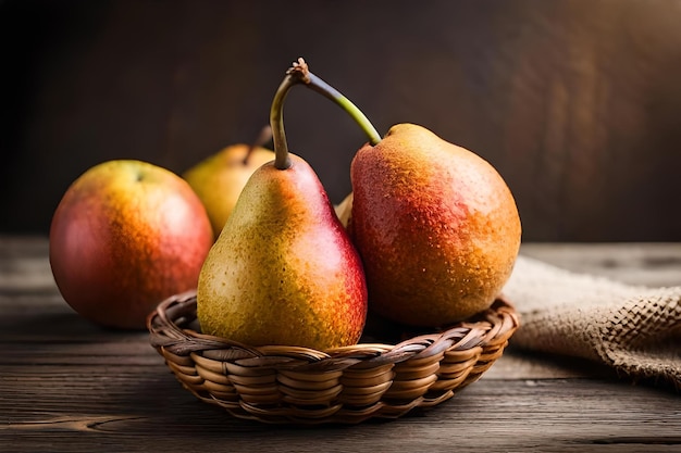 A basket of pears and pears with a wooden background.