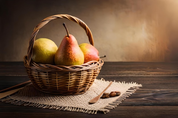 A basket of pears and pears on a wooden table.