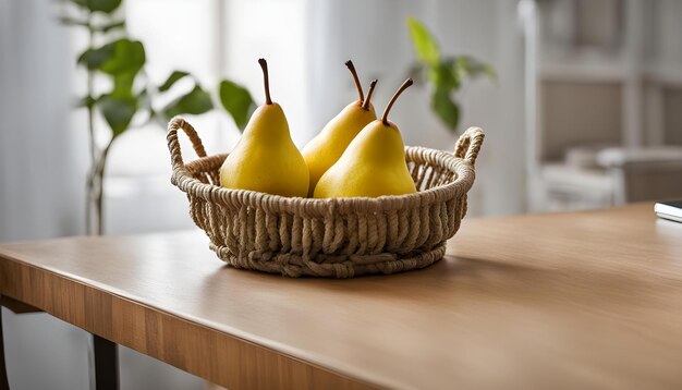 a basket of pears sits on a table in a room