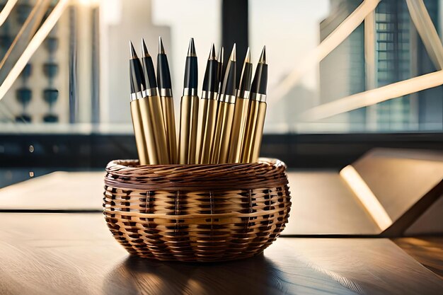 A basket of pencils with a black and yellow pencil in it.