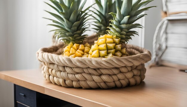 Photo a basket of pineapples sits on a table