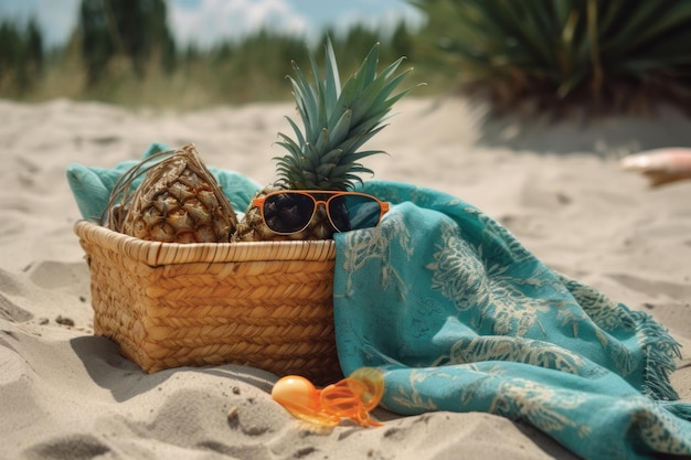 Photo a basket of pineapples and a towel on a beach