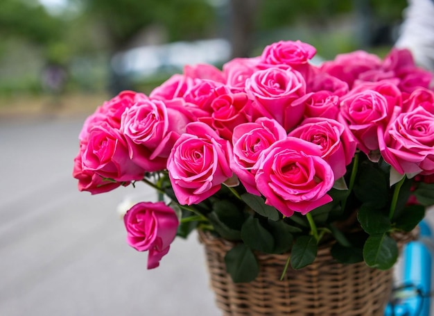 A basket of pink roses is shown with a white background.