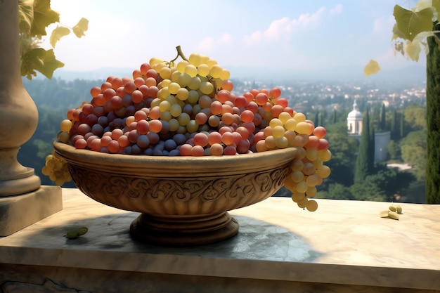 A basket of plump grapes on a stone pedestal