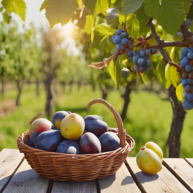 Photo a basket of plums and grapes on a table